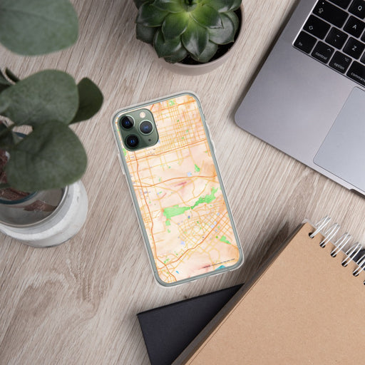 Custom Jurupa Valley California Map Phone Case in Watercolor on Table with Laptop and Plant