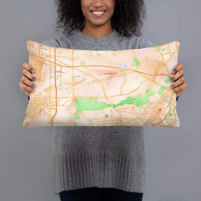 Person holding 20x12 Custom Jurupa Valley California Map Throw Pillow in Watercolor