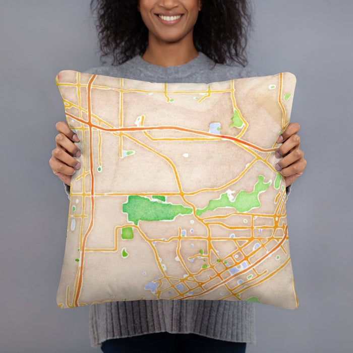 Person holding 18x18 Custom Jurupa Valley California Map Throw Pillow in Watercolor
