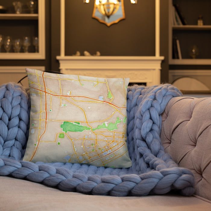 Custom Jurupa Valley California Map Throw Pillow in Watercolor on Cream Colored Couch
