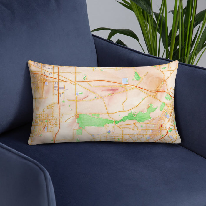 Custom Jurupa Valley California Map Throw Pillow in Watercolor on Blue Colored Chair