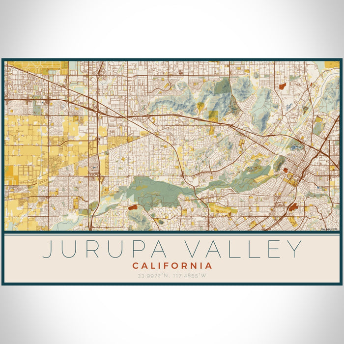 Jurupa Valley California Map Print Landscape Orientation in Woodblock Style With Shaded Background