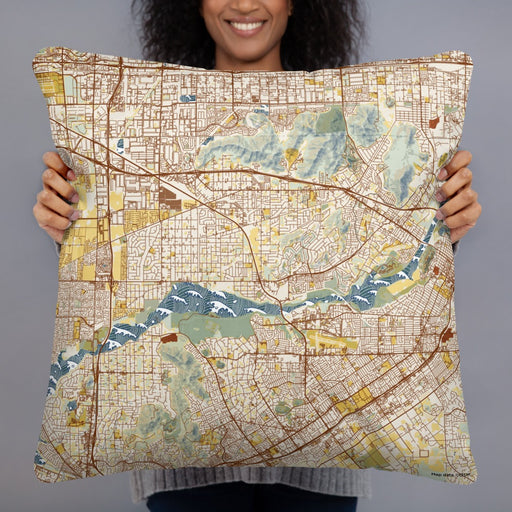 Person holding 22x22 Custom Jurupa Valley California Map Throw Pillow in Woodblock