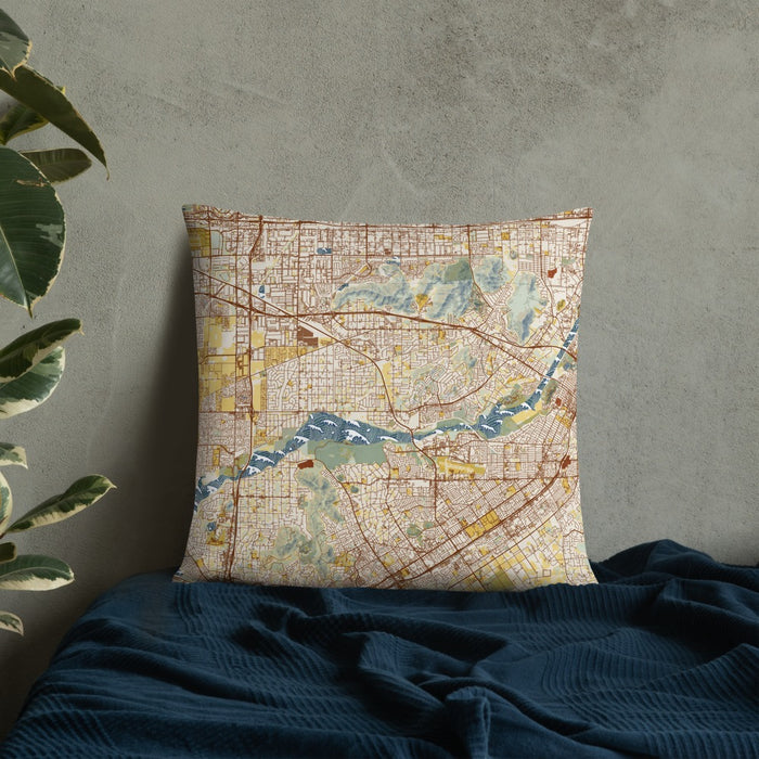 Custom Jurupa Valley California Map Throw Pillow in Woodblock on Bedding Against Wall