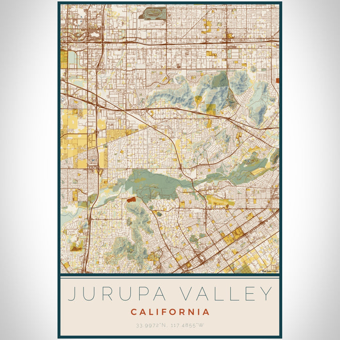 Jurupa Valley California Map Print Portrait Orientation in Woodblock Style With Shaded Background