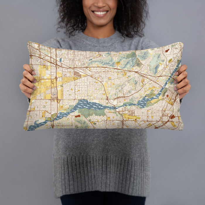 Person holding 20x12 Custom Jurupa Valley California Map Throw Pillow in Woodblock