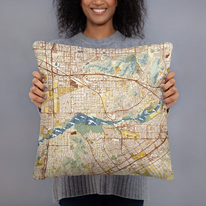 Person holding 18x18 Custom Jurupa Valley California Map Throw Pillow in Woodblock