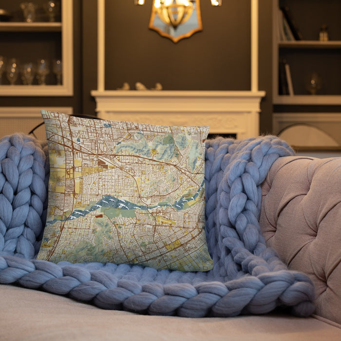 Custom Jurupa Valley California Map Throw Pillow in Woodblock on Cream Colored Couch