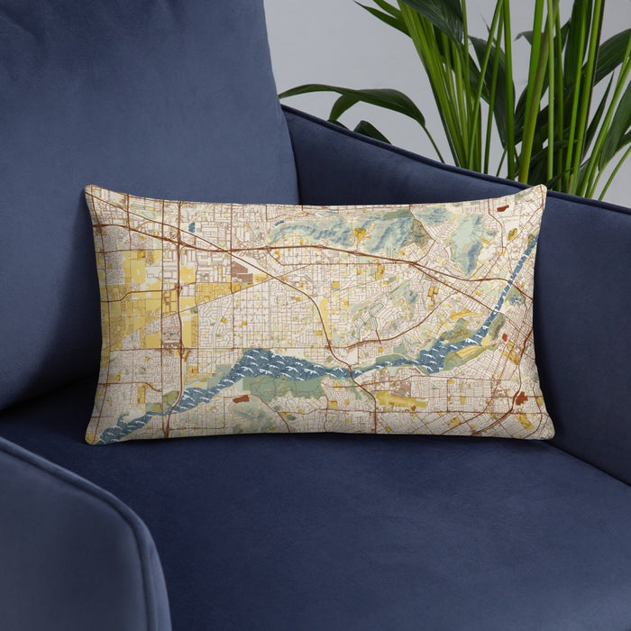 Custom Jurupa Valley California Map Throw Pillow in Woodblock on Blue Colored Chair