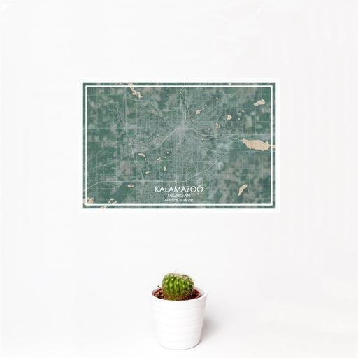 12x18 Kalamazoo Michigan Map Print Landscape Orientation in Afternoon Style With Small Cactus Plant in White Planter