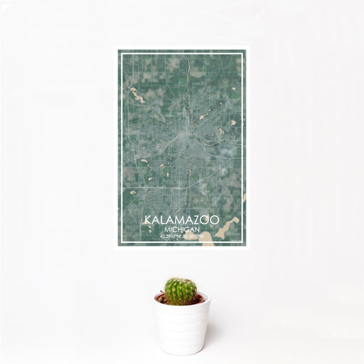 12x18 Kalamazoo Michigan Map Print Portrait Orientation in Afternoon Style With Small Cactus Plant in White Planter