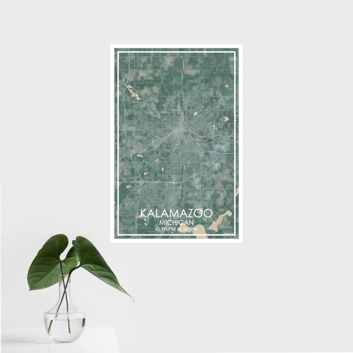 16x24 Kalamazoo Michigan Map Print Portrait Orientation in Afternoon Style With Tropical Plant Leaves in Water