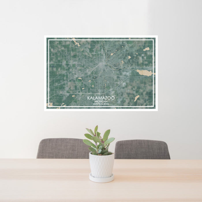 24x36 Kalamazoo Michigan Map Print Lanscape Orientation in Afternoon Style Behind 2 Chairs Table and Potted Plant