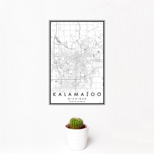 12x18 Kalamazoo Michigan Map Print Portrait Orientation in Classic Style With Small Cactus Plant in White Planter