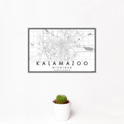 12x18 Kalamazoo Michigan Map Print Landscape Orientation in Classic Style With Small Cactus Plant in White Planter