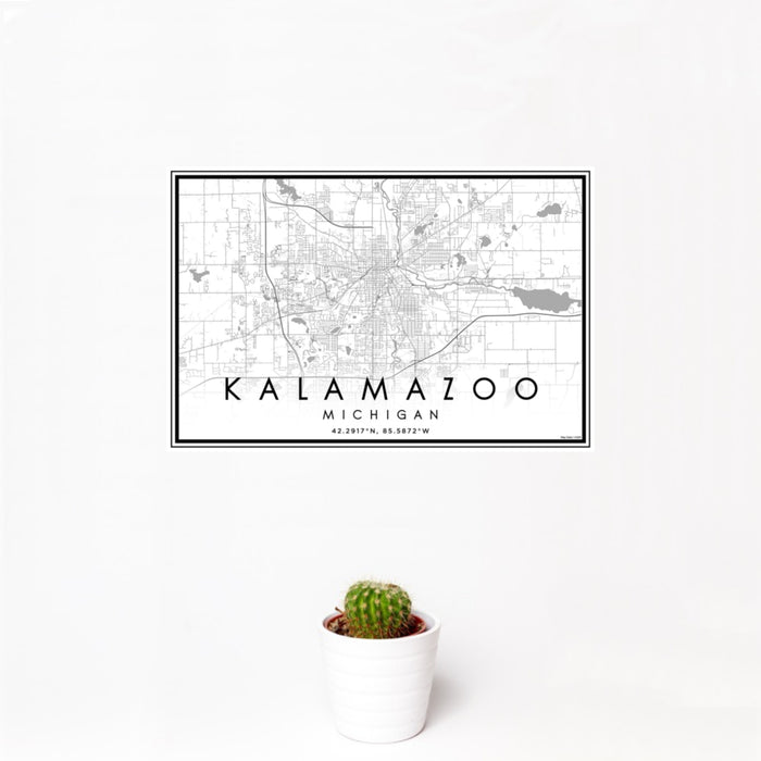 12x18 Kalamazoo Michigan Map Print Landscape Orientation in Classic Style With Small Cactus Plant in White Planter