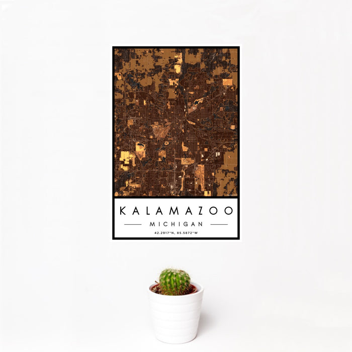 12x18 Kalamazoo Michigan Map Print Portrait Orientation in Ember Style With Small Cactus Plant in White Planter