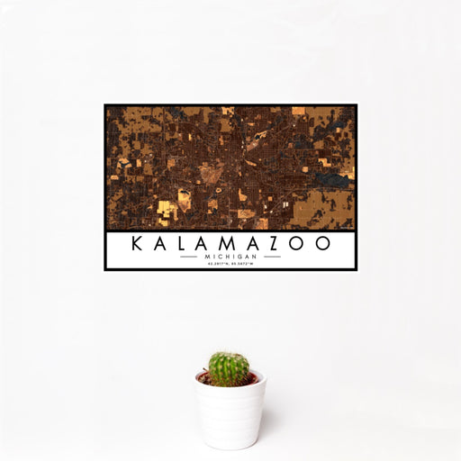 12x18 Kalamazoo Michigan Map Print Landscape Orientation in Ember Style With Small Cactus Plant in White Planter
