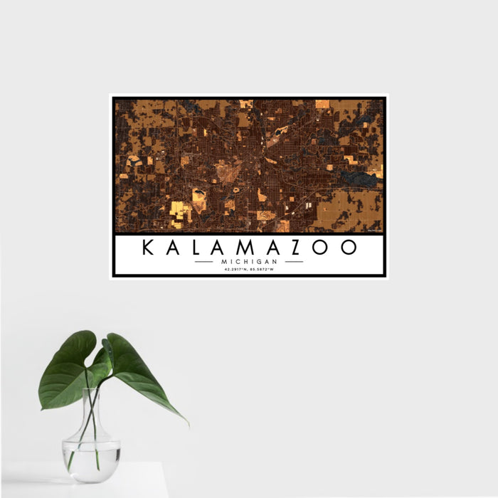 16x24 Kalamazoo Michigan Map Print Landscape Orientation in Ember Style With Tropical Plant Leaves in Water