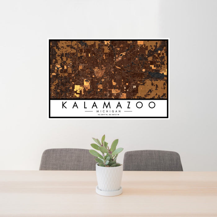 24x36 Kalamazoo Michigan Map Print Landscape Orientation in Ember Style Behind 2 Chairs Table and Potted Plant