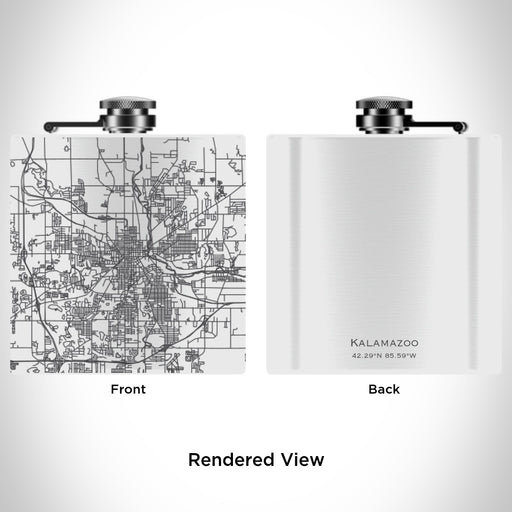 Rendered View of Kalamazoo Michigan Map Engraving on 6oz Stainless Steel Flask in White