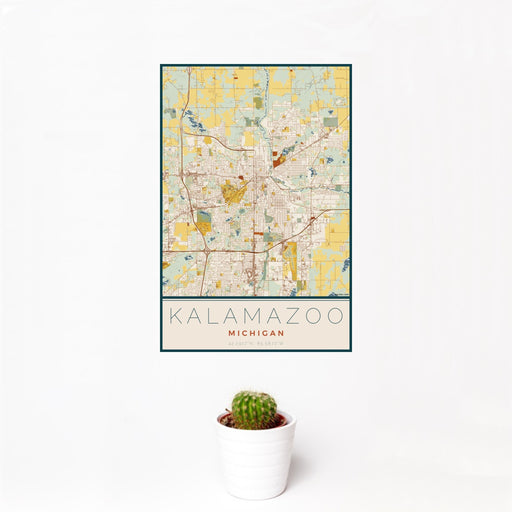 12x18 Kalamazoo Michigan Map Print Portrait Orientation in Woodblock Style With Small Cactus Plant in White Planter