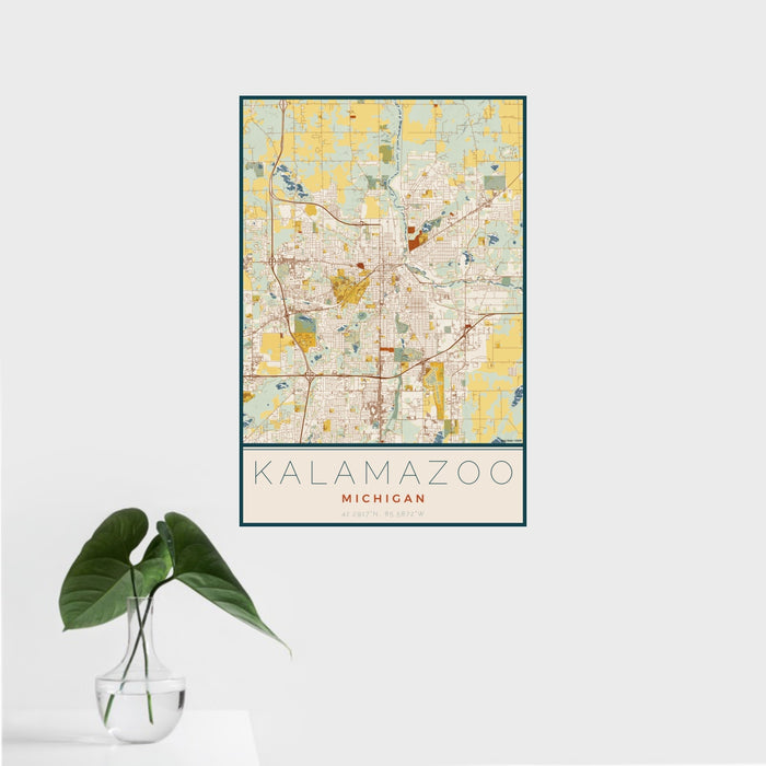 16x24 Kalamazoo Michigan Map Print Portrait Orientation in Woodblock Style With Tropical Plant Leaves in Water