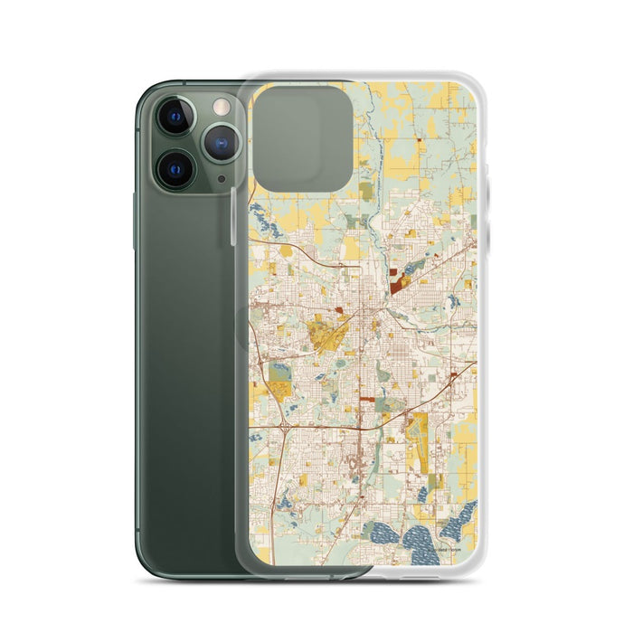 Custom Kalamazoo Michigan Map Phone Case in Woodblock on Table with Laptop and Plant