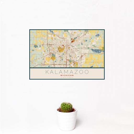12x18 Kalamazoo Michigan Map Print Landscape Orientation in Woodblock Style With Small Cactus Plant in White Planter