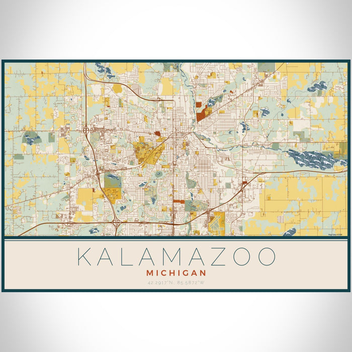 Kalamazoo Michigan Map Print Landscape Orientation in Woodblock Style With Shaded Background