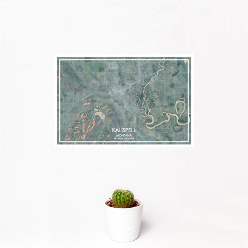 12x18 Kalispell Montana Map Print Landscape Orientation in Afternoon Style With Small Cactus Plant in White Planter