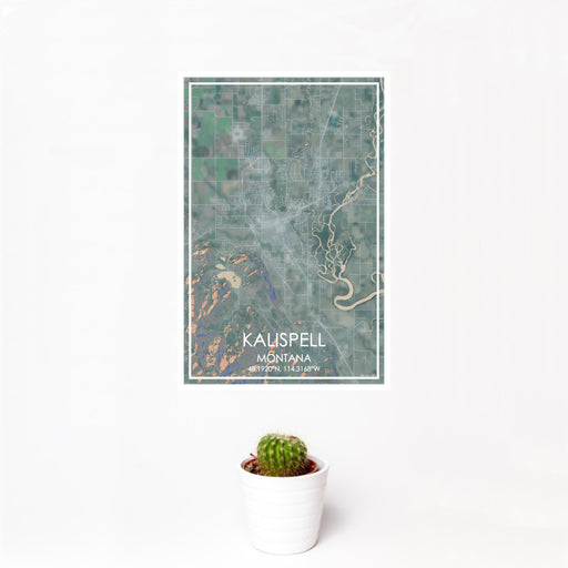 12x18 Kalispell Montana Map Print Portrait Orientation in Afternoon Style With Small Cactus Plant in White Planter