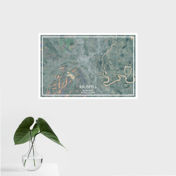 16x24 Kalispell Montana Map Print Landscape Orientation in Afternoon Style With Tropical Plant Leaves in Water
