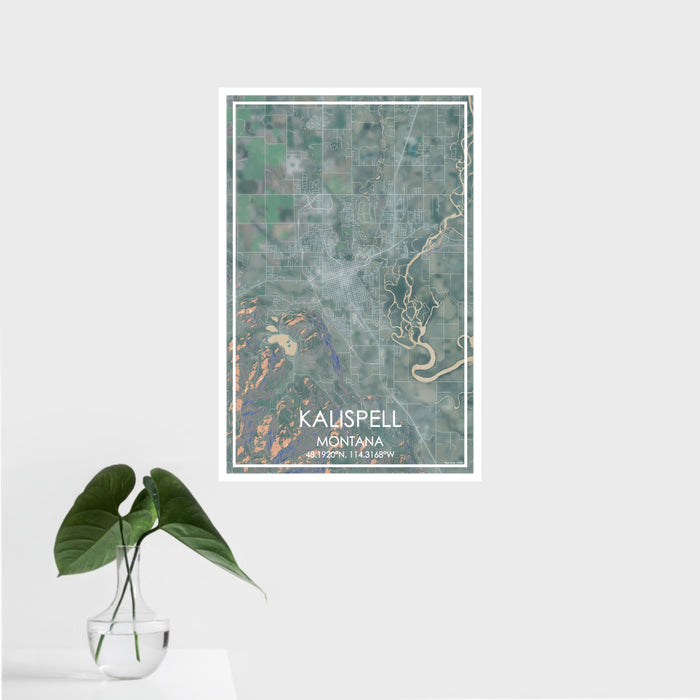 16x24 Kalispell Montana Map Print Portrait Orientation in Afternoon Style With Tropical Plant Leaves in Water