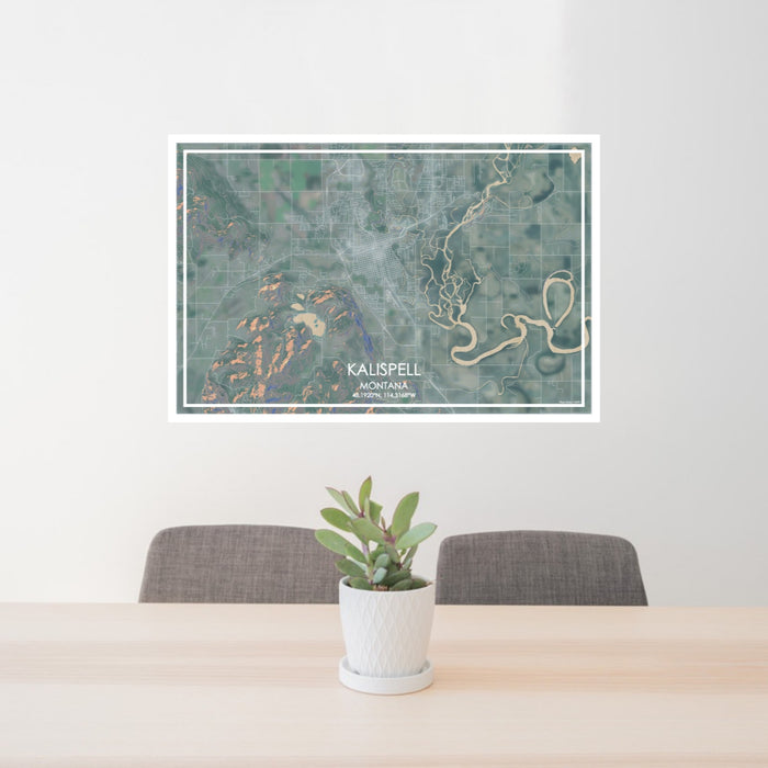 24x36 Kalispell Montana Map Print Lanscape Orientation in Afternoon Style Behind 2 Chairs Table and Potted Plant