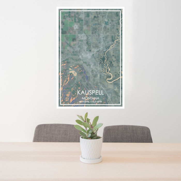 24x36 Kalispell Montana Map Print Portrait Orientation in Afternoon Style Behind 2 Chairs Table and Potted Plant