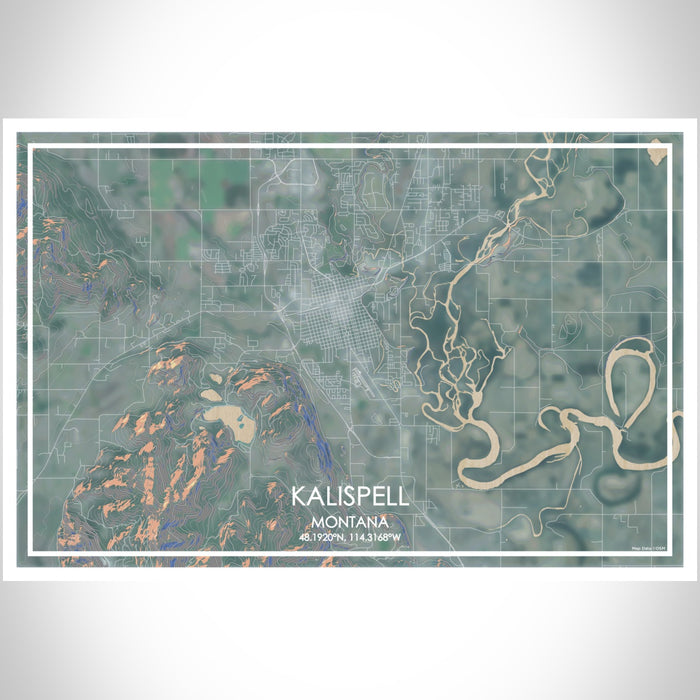 Kalispell Montana Map Print Landscape Orientation in Afternoon Style With Shaded Background