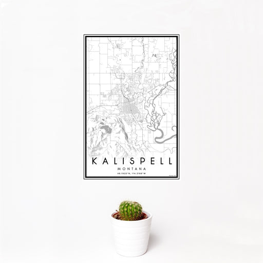 12x18 Kalispell Montana Map Print Portrait Orientation in Classic Style With Small Cactus Plant in White Planter