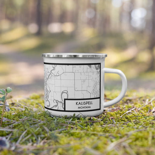 Right View Custom Kalispell Montana Map Enamel Mug in Classic on Grass With Trees in Background