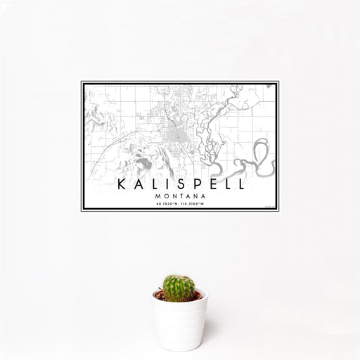 12x18 Kalispell Montana Map Print Landscape Orientation in Classic Style With Small Cactus Plant in White Planter