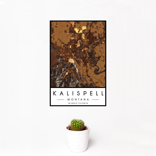 12x18 Kalispell Montana Map Print Portrait Orientation in Ember Style With Small Cactus Plant in White Planter