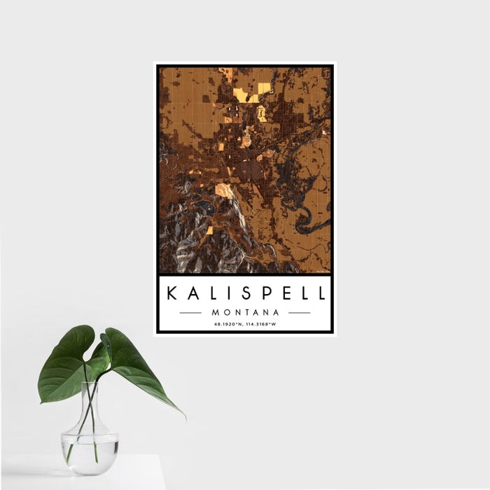 16x24 Kalispell Montana Map Print Portrait Orientation in Ember Style With Tropical Plant Leaves in Water