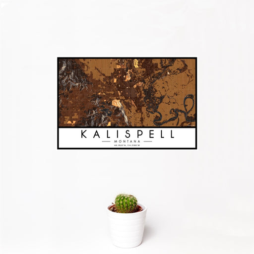 12x18 Kalispell Montana Map Print Landscape Orientation in Ember Style With Small Cactus Plant in White Planter