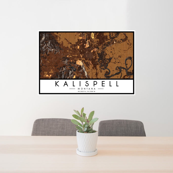 24x36 Kalispell Montana Map Print Landscape Orientation in Ember Style Behind 2 Chairs Table and Potted Plant