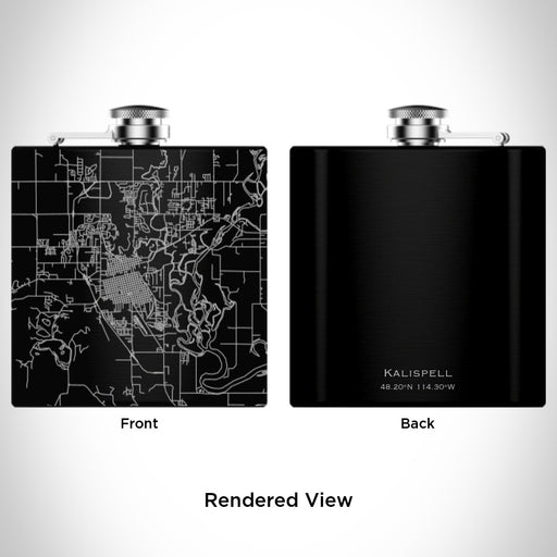 Rendered View of Kalispell Montana Map Engraving on 6oz Stainless Steel Flask in Black