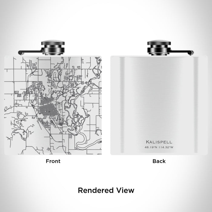 Rendered View of Kalispell Montana Map Engraving on 6oz Stainless Steel Flask in White