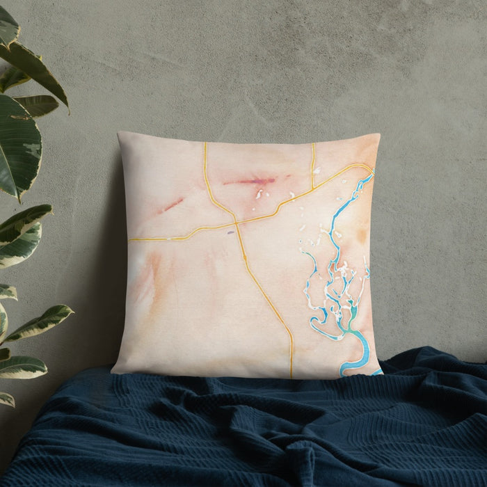 Custom Kalispell Montana Map Throw Pillow in Watercolor on Bedding Against Wall