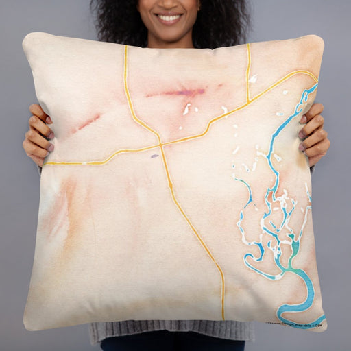 Person holding 22x22 Custom Kalispell Montana Map Throw Pillow in Watercolor
