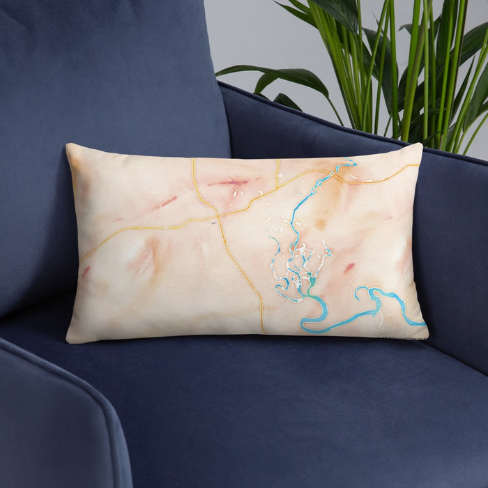 Custom Kalispell Montana Map Throw Pillow in Watercolor on Blue Colored Chair