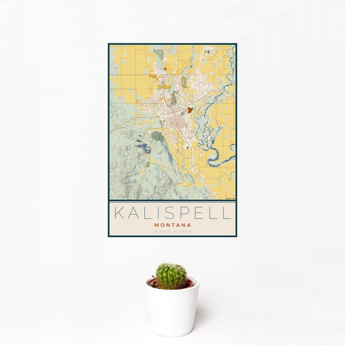 12x18 Kalispell Montana Map Print Portrait Orientation in Woodblock Style With Small Cactus Plant in White Planter